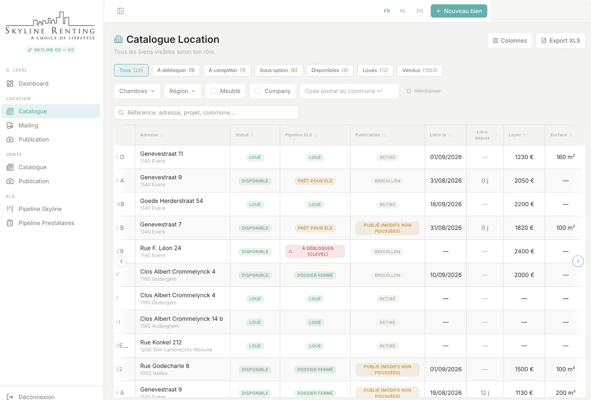 Catalogue des appartements Skyline avec filtres, disponibilités et statuts
