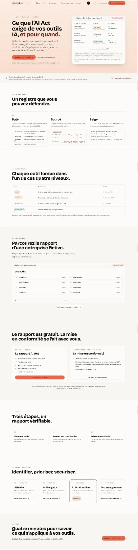 Startpagina van AI Act Guardian met risiconiveaus en het conformiteitstraject