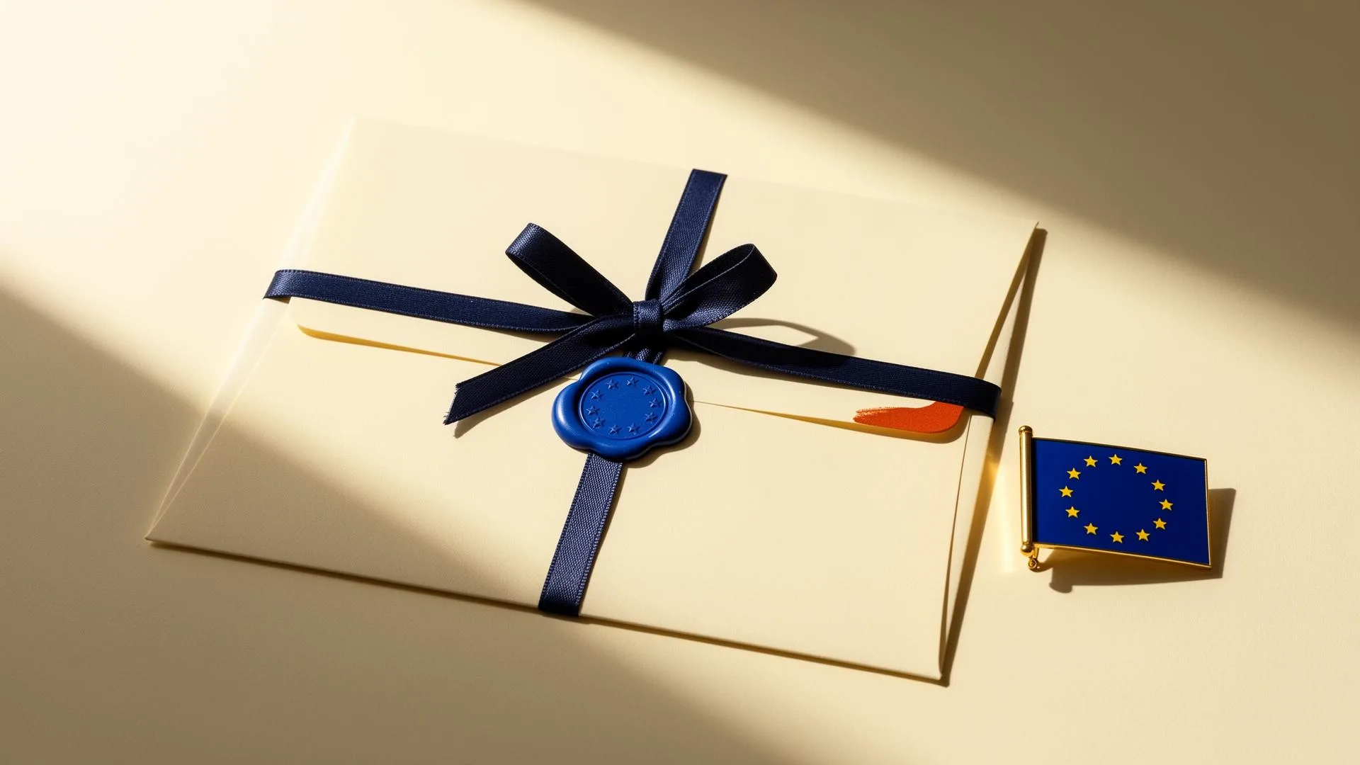 Legal compliance office: stack of cream folders tied with a burgundy ribbon, open binder with highlighted passages and brass lamp